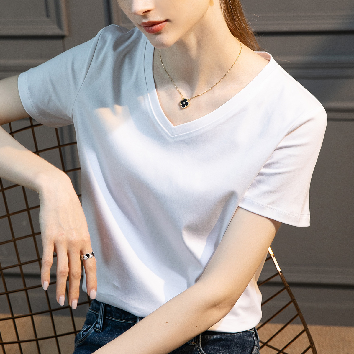 High 80 Double-Sided Mercerized Cotton Short-Sleeved White T-shirt Women's Summer Women's Loose round Neck V-neck All-Matching T-shirt 1688