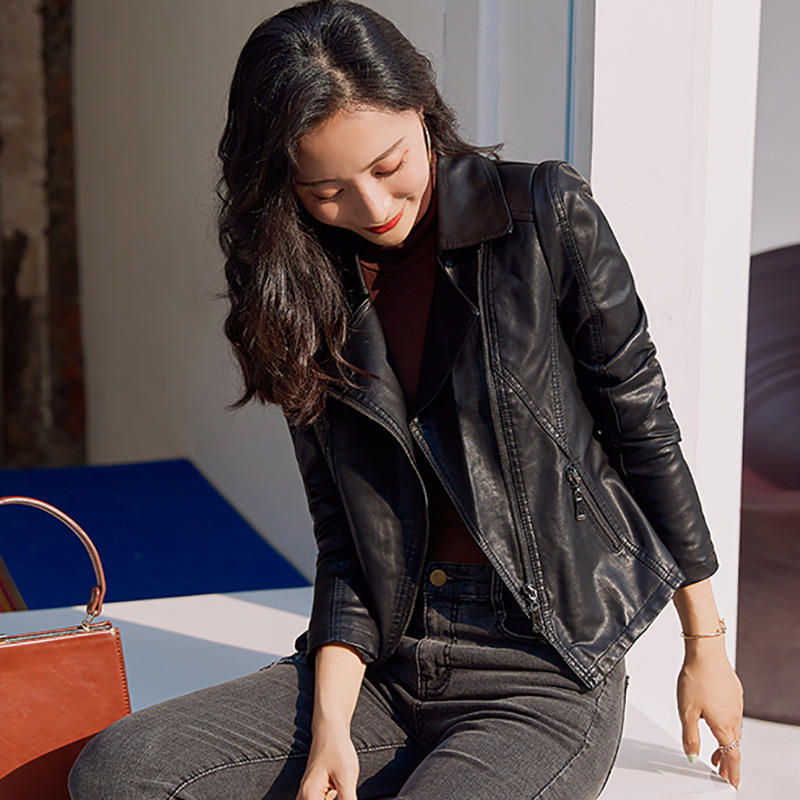 欧美秋冬新款女式纯色西装领侧拉链pu皮衣女机车短款外套夹克上衣