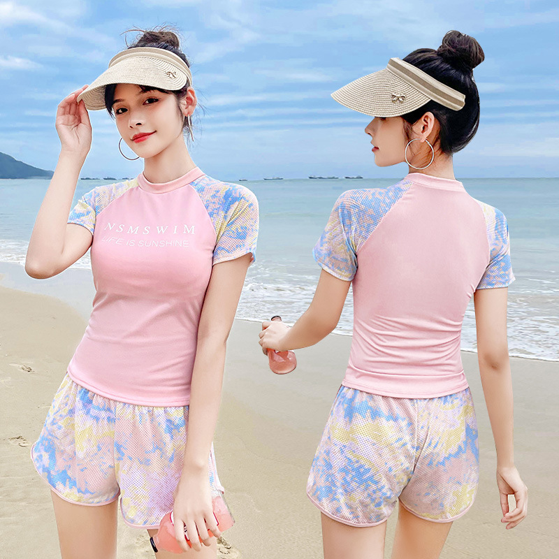 韩国ins风21新款游泳衣女分体运动风两件套保守学生泳装显瘦遮肚