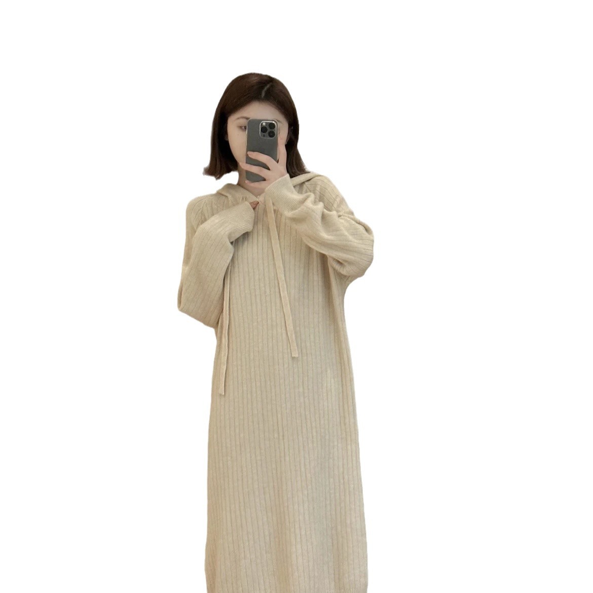 Women's Long Base Knitting Dress Autumn and Winter New Match with Coat Inner Wear Loose and Idle Hooded Sweater Woolen Skirt