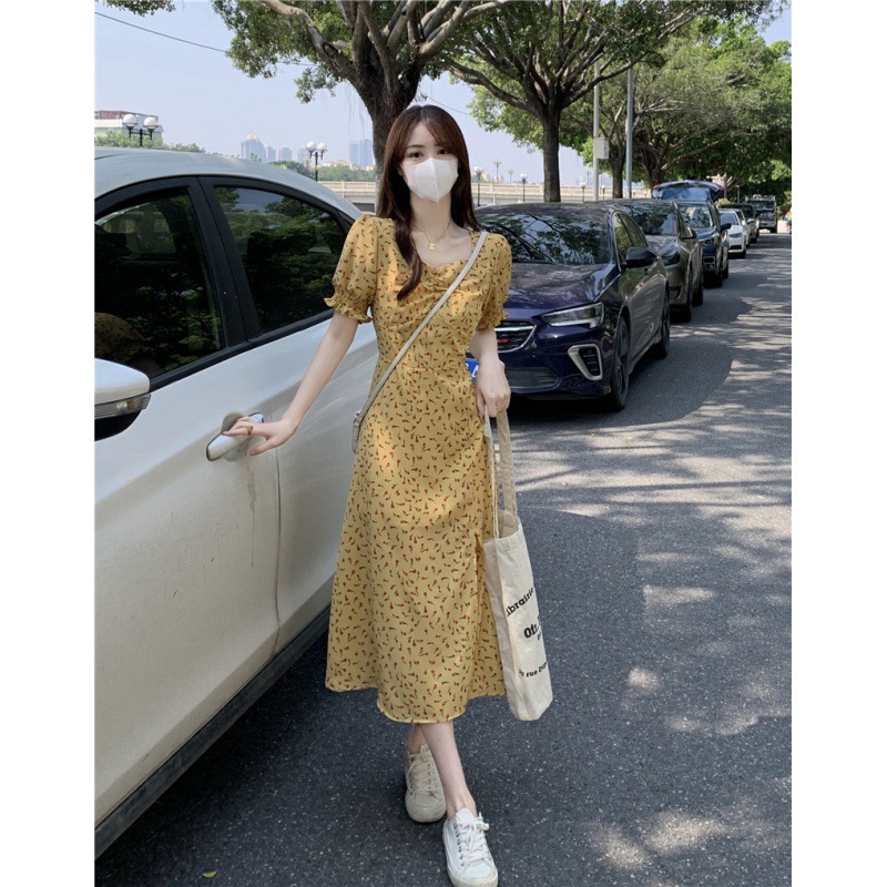 Yi Yi Summer Tian Fresh Floral Dress 2023 Summer Graceful Mori Short Sleeve Chiffon Mid-Length Fairy Dress