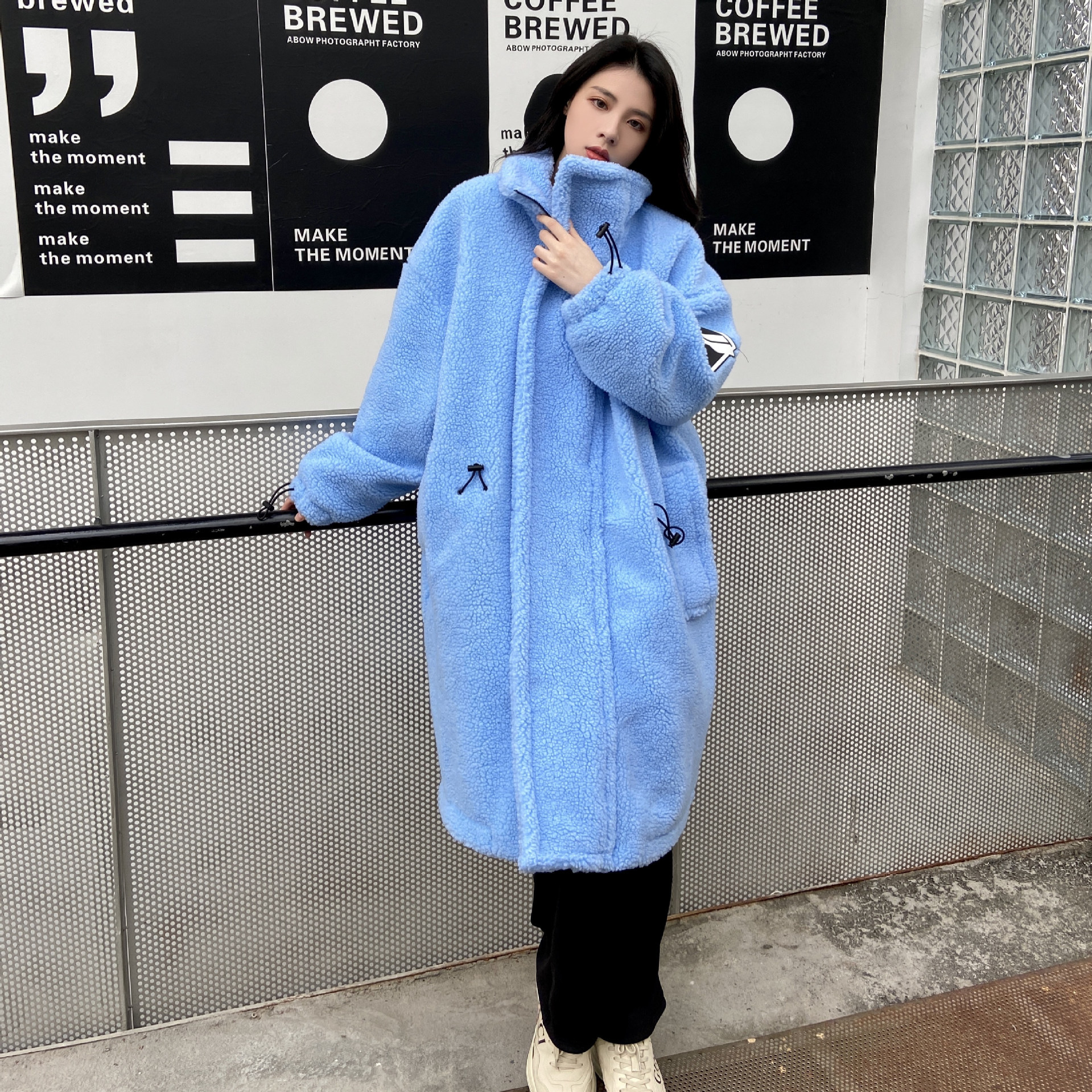 we11done 21秋冬新款羊羔毛高领长款外套welldone纯色摇粒绒大衣