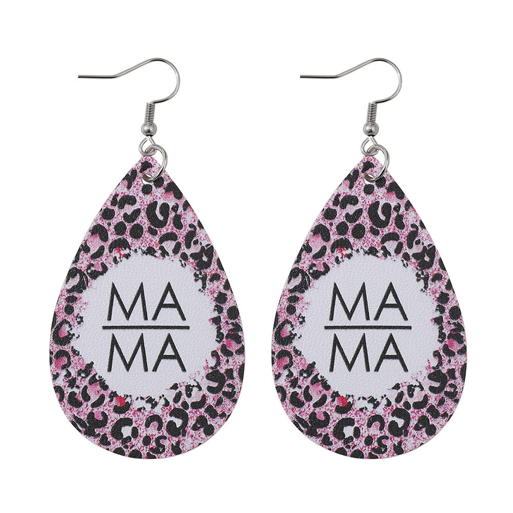 Mother's Day Women's Drop-Shaped Leopard Leather Earrings Earrings English Letters Fashion Cross-Border European and American Amazon