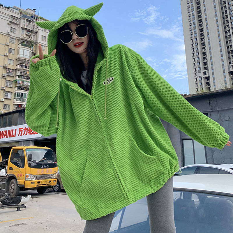 绿色连帽卫衣外套女装春秋季202新款宽松韩版设计感小个子潮ins