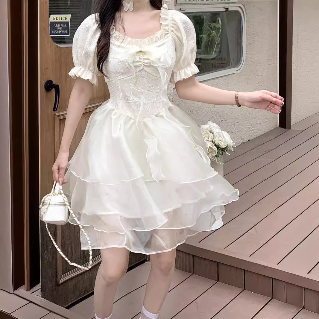 蝴蝶结公主风甜美连衣裙网纱拼接a字裙女夏季2024新款绝美设计感