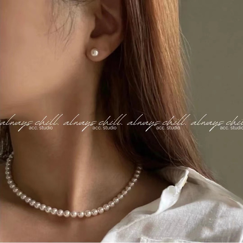 Korean Shijia Retro Baby Pearl Necklace Simple Niche Temperament S925 Sterling Silver Ingot Buckle Pearl Sweater Chain