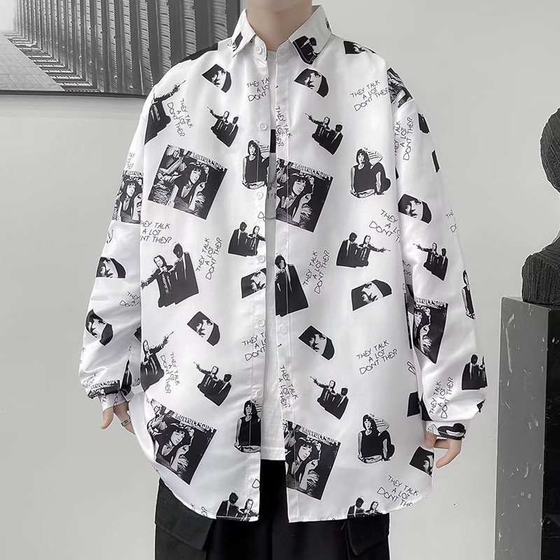 春秋印花衬衫男休闲复古ins港风日系潮牌痞帅小众设计