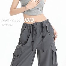 灰色工装裤女夏季薄款高腰阔腿直筒休闲设计感速干美式复古运动裤