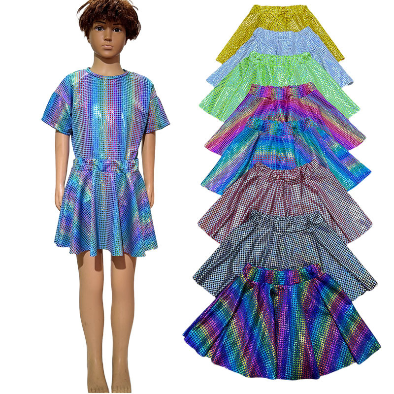 外贸千鸟格镭射亮片短裙跳舞服成人半身裙女童文艺汇演太阳裙