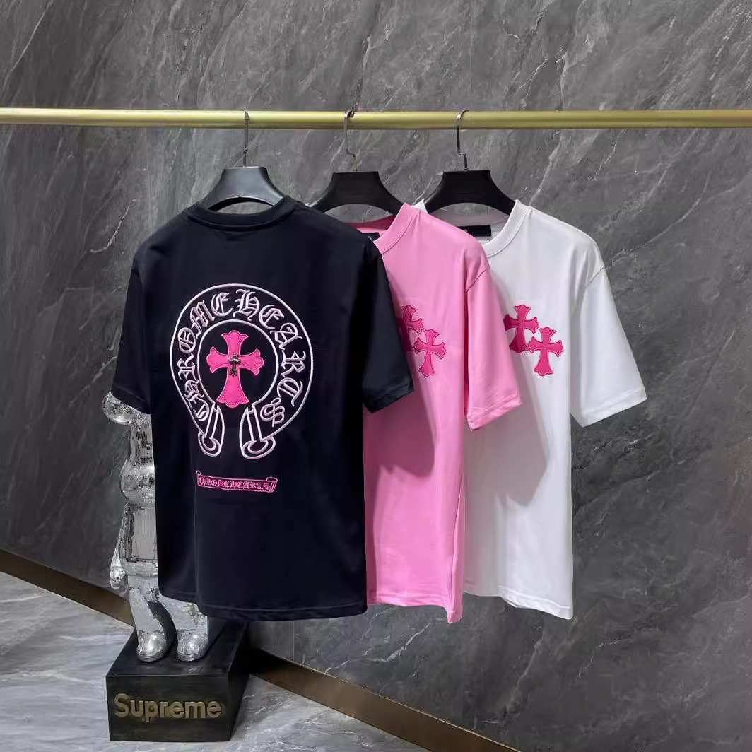 ch彩色经典梵文十字架马蹄印休闲短袖男女百搭拼皮柳钉高街t恤潮
