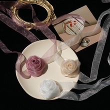 韩版复古优雅超仙气质玫瑰花朵网纱绑带项圈时尚百搭颈带脖子饰品