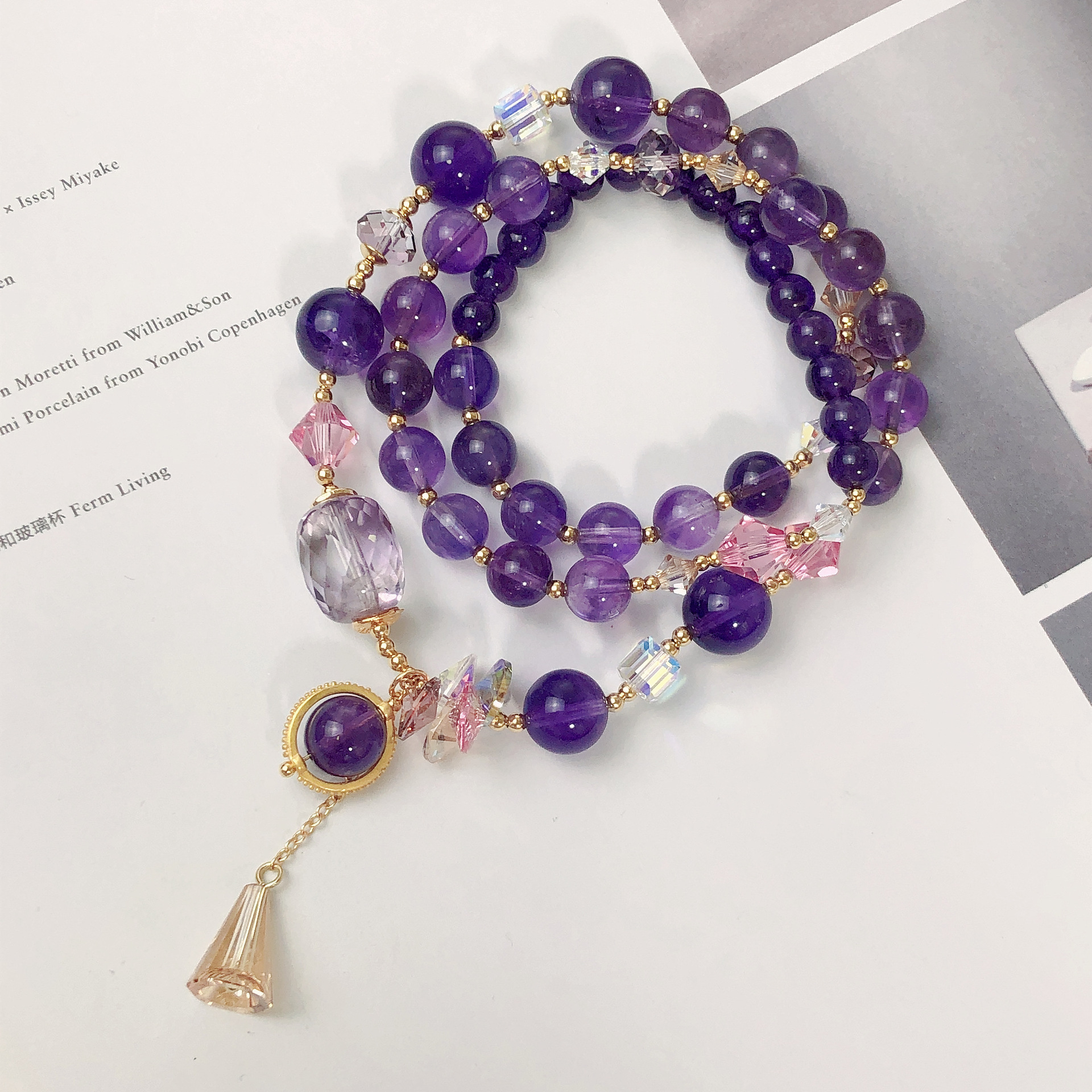 简约国风紫水晶手链女显白气质奥地利水晶手串三圈diy可定制饰品