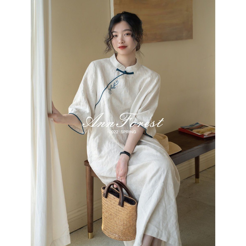 Cotton and Linen Dress 2023 Summer Artistic Retro Embroidery New Chinese Style Improved Cheongsam Dress Small Stand Collar an Embroidered Skirt