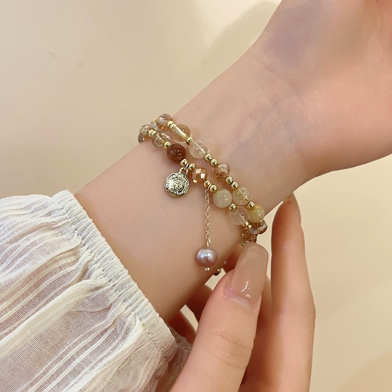 Double-Layer Natural Stringed Pearls Bracelet Female Mild Luxury Retro Twin Bracelet Ins Special-Interest Design High-Grade Bracelet