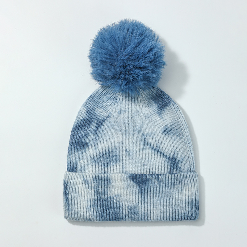 Autumn and Winter New Tie-Dyed Flanging Knitted Hat Men's and Women's Winter Fashionable Warm Wool Beanie Hat Ball Warm Hat