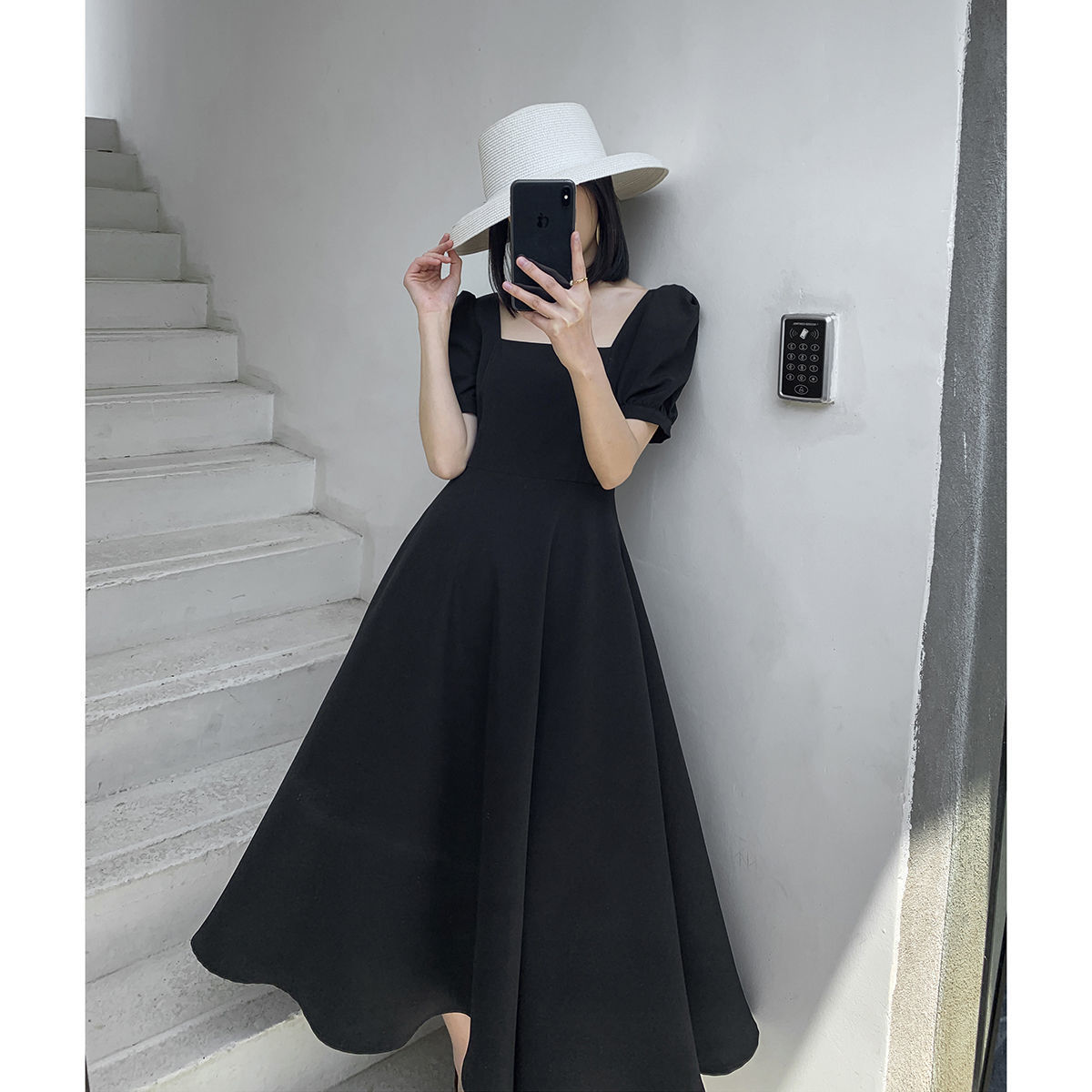 Dress 2023 Summer New Ins Tea Dress Elegant Boat-Neck Overknee Long Hepburn Style Plump Girls Black Dress