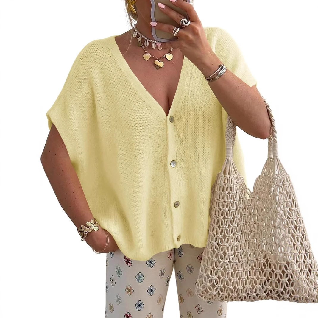 亚马逊2025夏欧美女式夏季家居服针织开衫蝙蝠袖纽扣V领休闲毛衣