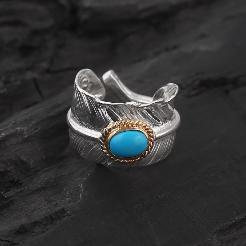 goros手工男款女款 均码镶绿松石 开口银羽毛戒指-阿里巴巴