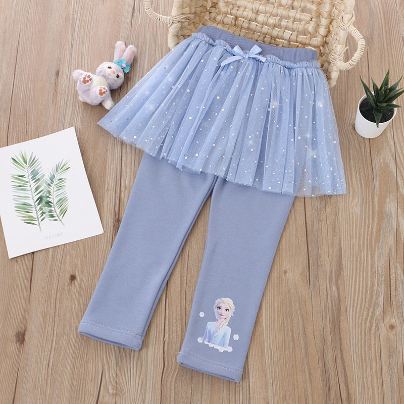 Frozen Girl's Pants Spring and Autumn Children's Leggings Fake Two-Piece Skort Elsa Padded Fleece Trousers Autumn and Winter