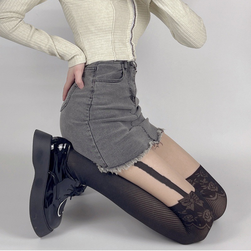 jk吊带拼接假高筒连裤袜纯欲风性感薄款条纹蝴蝶结提花黑丝袜少女