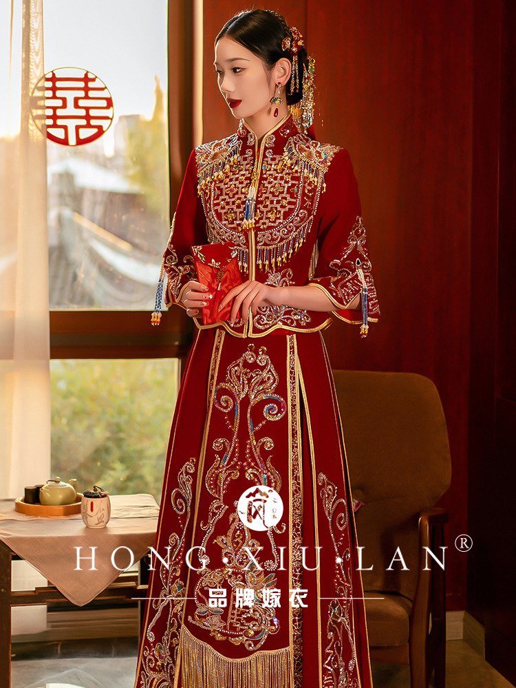 重工秀禾服2023新款丝绒中式复古结婚嫁衣礼服出阁服婚纱龙凤褂春