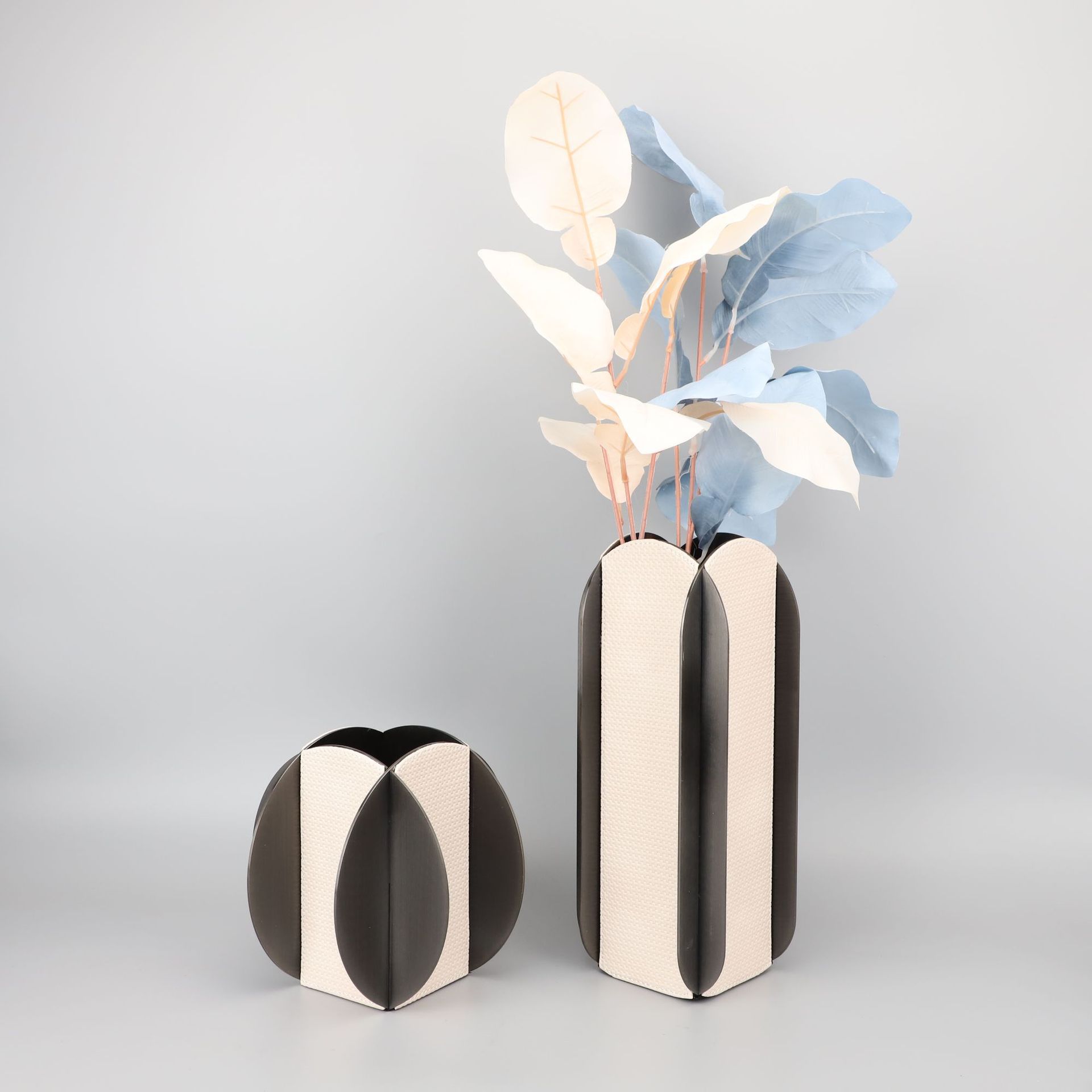 新中式创意井字金属皮革花器摆件样板房酒店家居客厅创意软装饰品