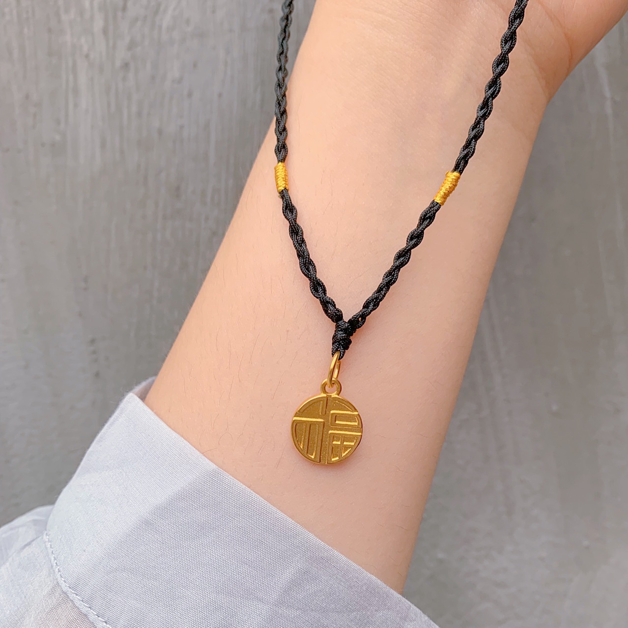 小福牌锁骨链福字项链纯手工编织黑绳颈链转运寓意饰品