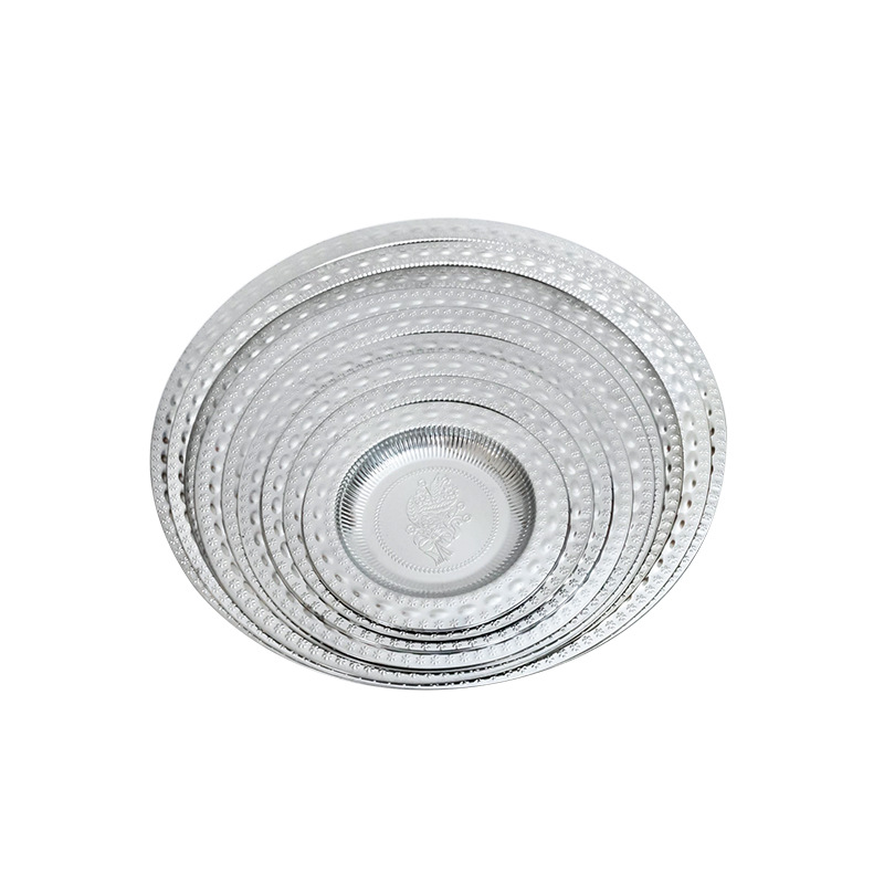 Hz70 Pearl Flower Disk Stainless Steel Embossed Thai round Tray Hotel Restaurant Multi-Purpose Dish Craft Plate Wholesale