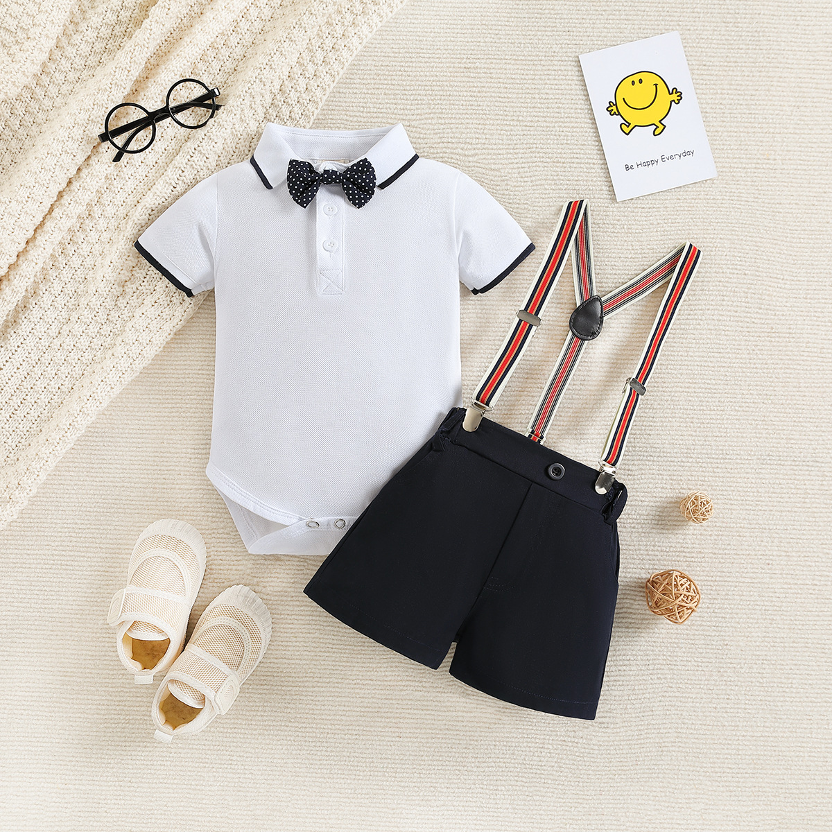 Ins Baby Suit Spring Summer New Short Sleeves Romper + Suspender Shorts Three-Piece Suit Trendy Boy One Year Old Celebration Dress