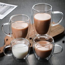 高硼硅隔热玻璃杯带把手大容量咖啡牛奶果汁马克杯家用透明双层杯
