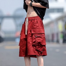 美式高街酒红色工装短裤男款夏季休闲机能设计感个性五分中裤潮牌