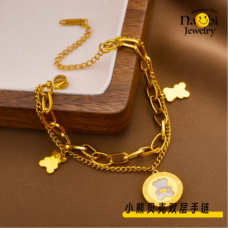 钛钢双层粗链条爱心小熊手链 女镀18k夸张网红情侣锁手环饰品批发