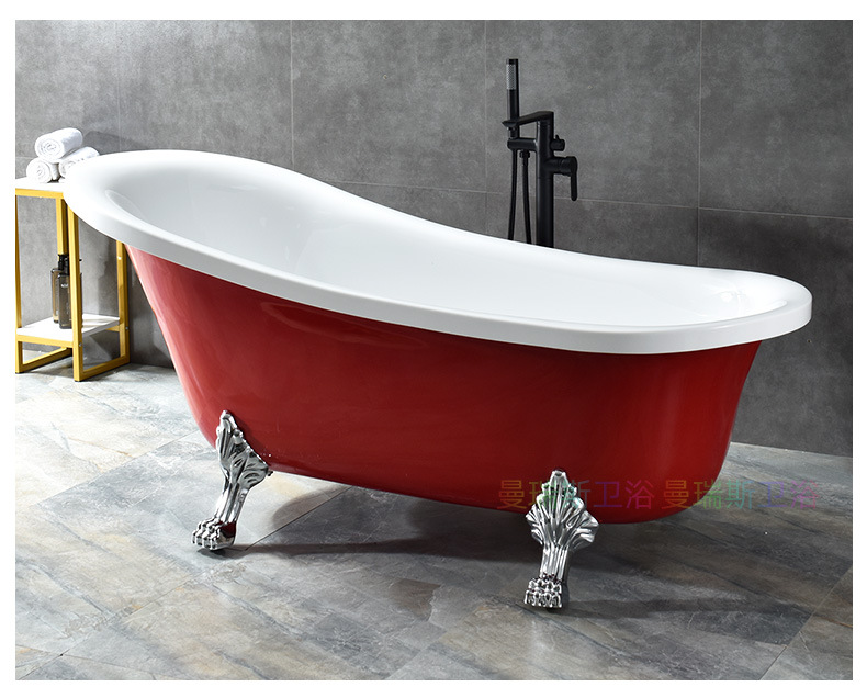 贵妃浴缸 复古带脚 酒店民宿网红风红色1.7米浴盆 批发亚克力浴池