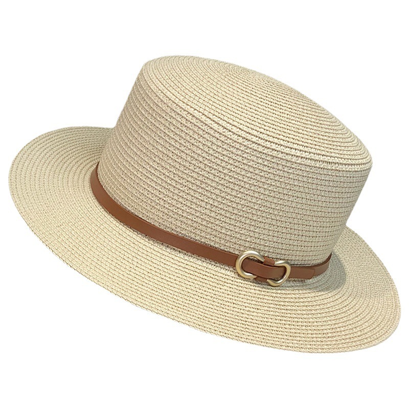 British Style Flat Straw Hat Women's Summer Straw Sun Shade Top Hat Belt Buckle Vacation Seaside Beach Sun Protection Sun Hat