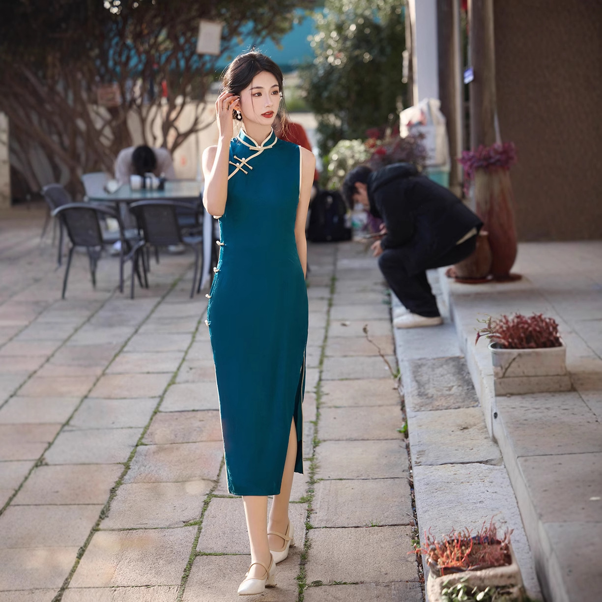 复古民国风无袖全开襟长款显瘦修身长裙绿色新中式旗袍