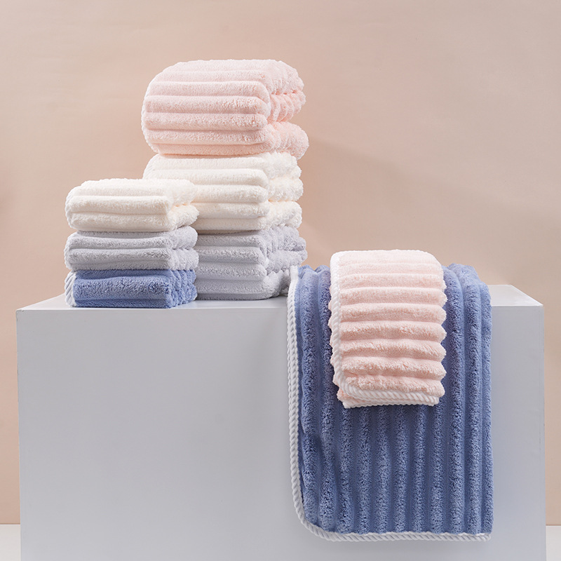 Popular Stripe Coral Fleece Towels Hair Care Hair-Drying Cap Set Thickened Absorbent No Lint No Fading Home