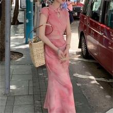 新中式国风改良旗袍镂空盘扣连衣裙复古小立领长裙子粉色弹力大码