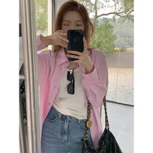 实拍 粉色条纹长袖衬衫女2024春季新款韩版棉感舒适休闲衬衣外套