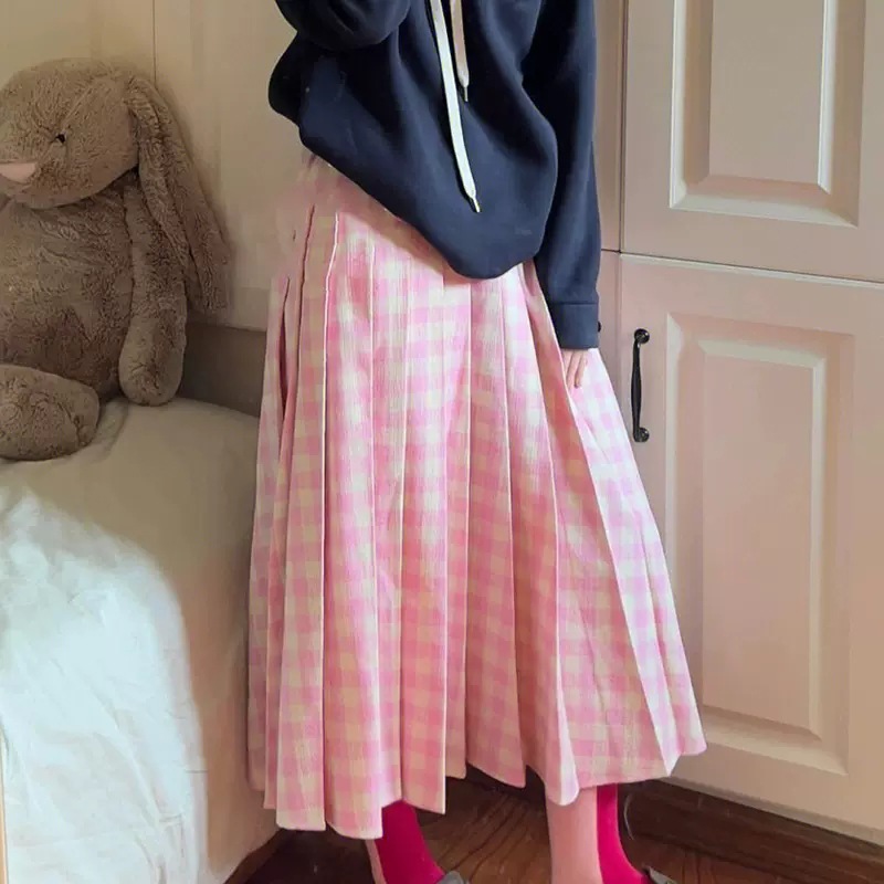 Pink Girl Plaid Pleated Skirt Female 2023 Spring New Skirt Long Women's Clothing Clothing