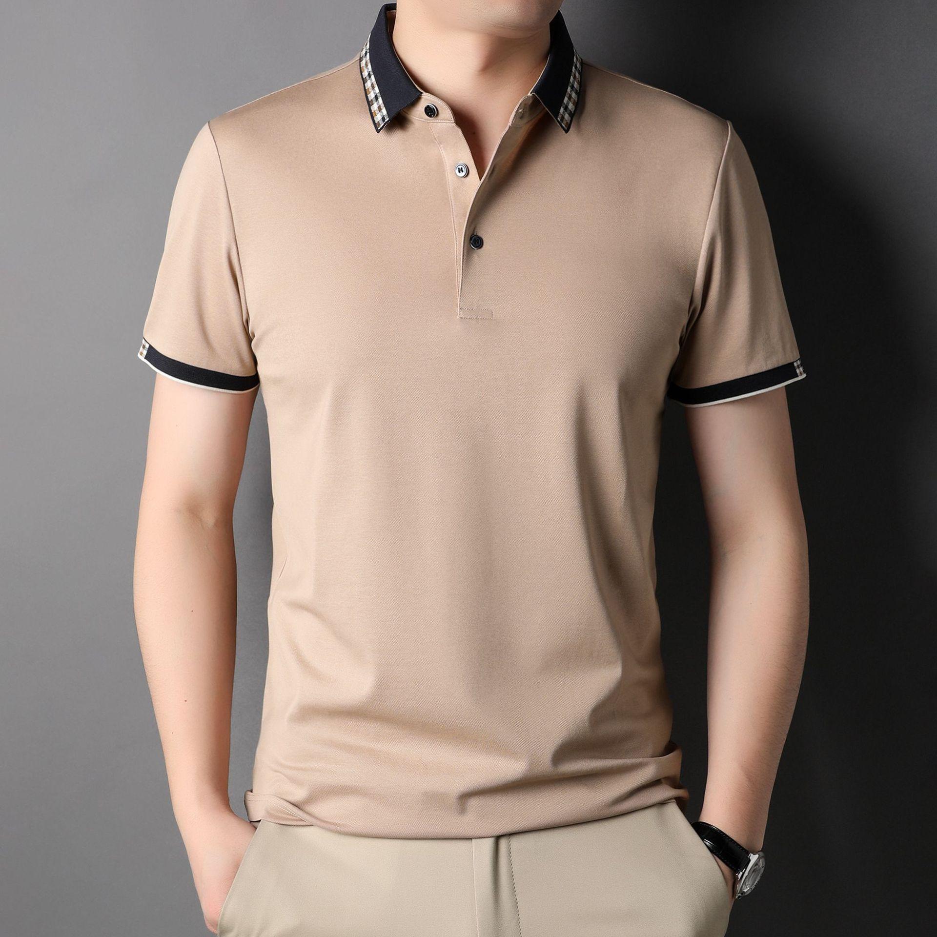 含桑蚕丝短袖t恤男2022夏季新款爸爸装男士半袖t纯色翻领冰丝男装