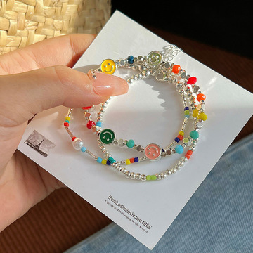 ins风串珠彩色滴油笑脸手链高级感碎银珍珠手串甜美百搭闺蜜手饰