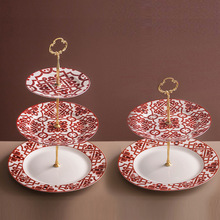双层甜品台三层点心盘红色喜庆陶瓷串盘婚礼家用蛋糕水果盘串盘