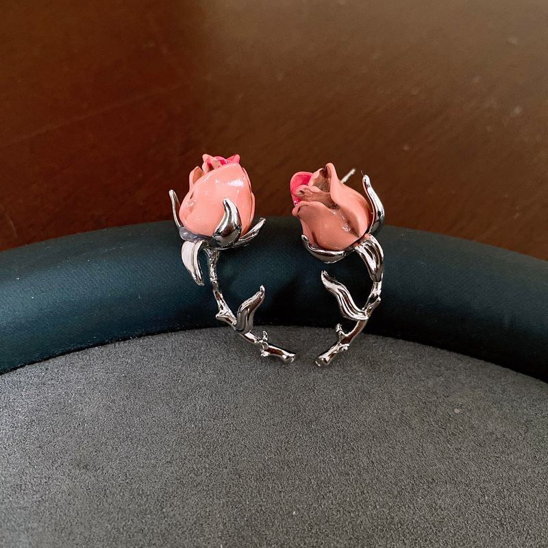 Silver Needle Pink Girl Flower Lovely Earrings Sweet Personality Fashion Earrings Elegant All-Match High-Grade Earrings