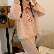 韩国ins少女甜美波点睡衣女春季长袖学生可爱娃娃领家居服套装薄
