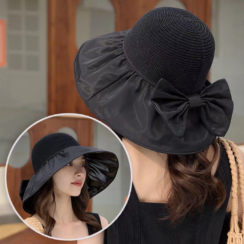 Black Rubber Big Brim Spring/Summer Bow Sunhat Storage Folding Fisherman Hat Women's Fashionable All-Match Sun Protection Sun Hat