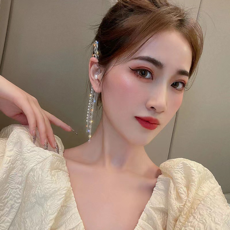 Butterfly Tassel Earrings Women's 2023 New Trendy Non-Pierced Pearl Stud Earrings Butterfly Earrings Ear Hook Earrings for Women