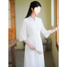 禅茶服装女高端改良汉服中式风唐装旗袍春夏季白色仙气禅意服厂家