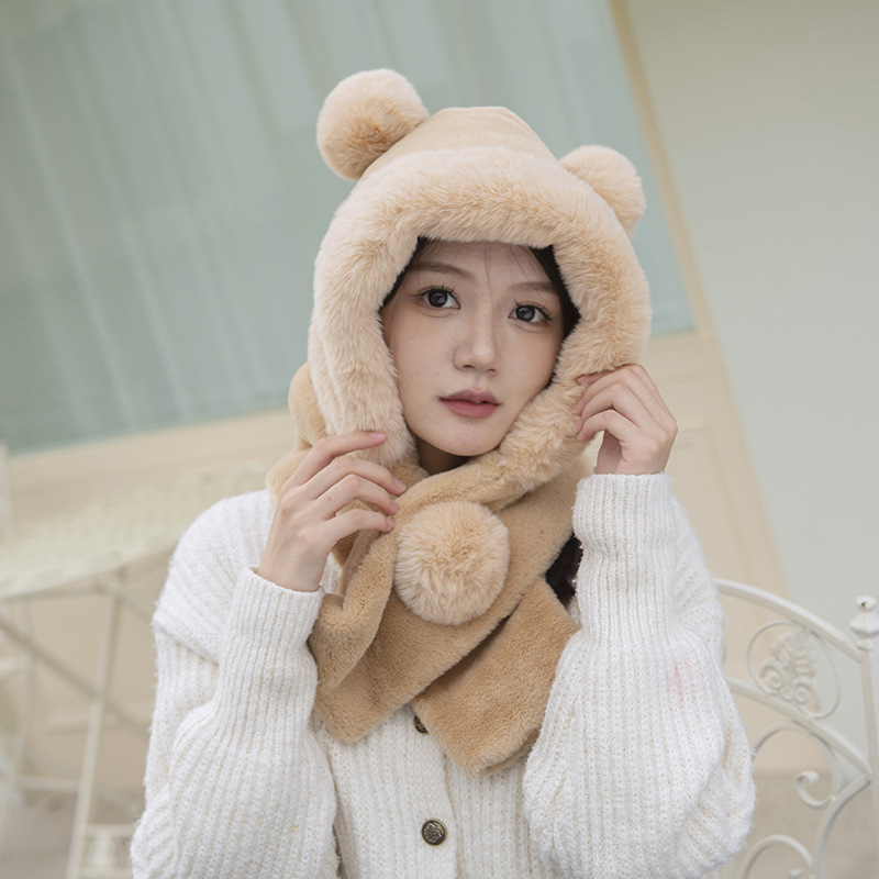 Winter New Thickened Warm Hat Scarf Integrated Cute Bear Ear Scarf Cross-Style Earflaps Slipover Hat