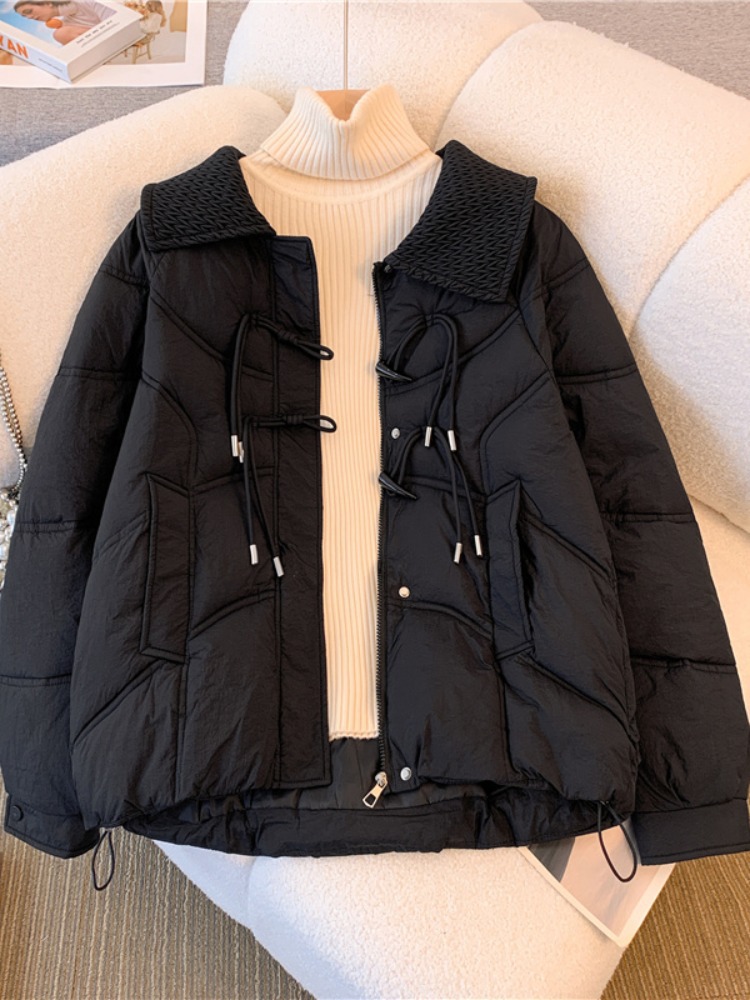黑色牛角扣羽绒棉服女冬季大码微胖mm保暖棉衣显瘦短款面包服外套