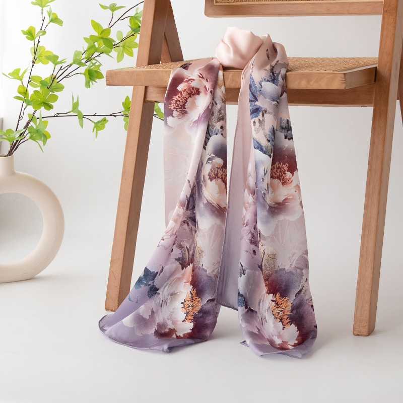 桑蚕丝真丝丝巾女2024春夏百搭粉紫花朵印花长款纱巾防晒披肩两用